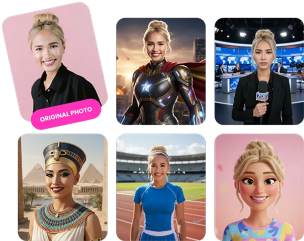 AI Photo Style Transformation Gallery Grid showcasing SnapShift AI photo booth transformations: original headshot on pink background, plus five AI-generated versions of the same woman in different scenarios including superhero armor, news studio, Egyptian pharaoh, and athletic stadium settings