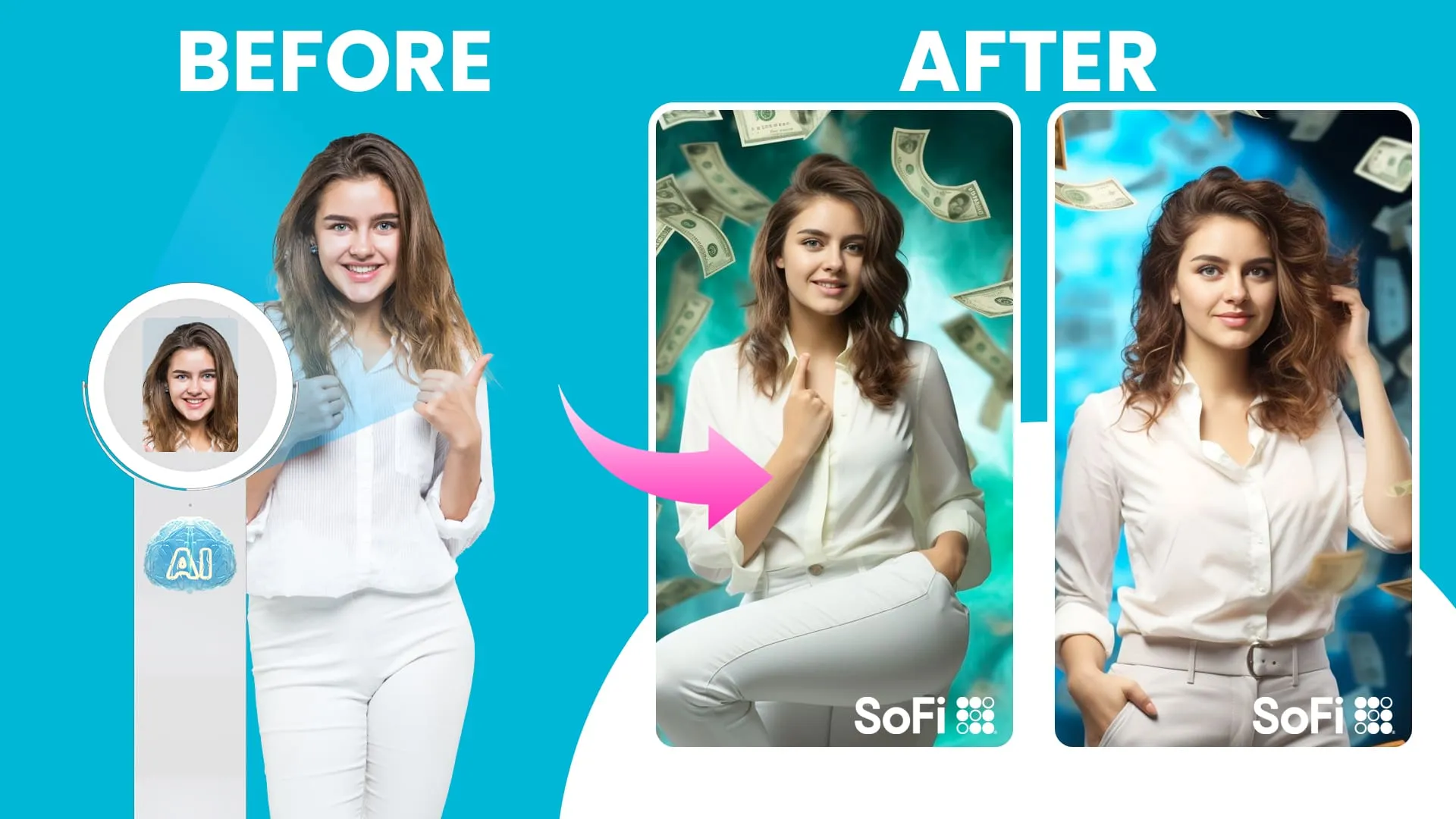 AI photo booth transformation showing a woman before and after using SnapShift AI booth at SoFi Face of Finance activation, with AI-generated professional backgrounds replacing original setting.