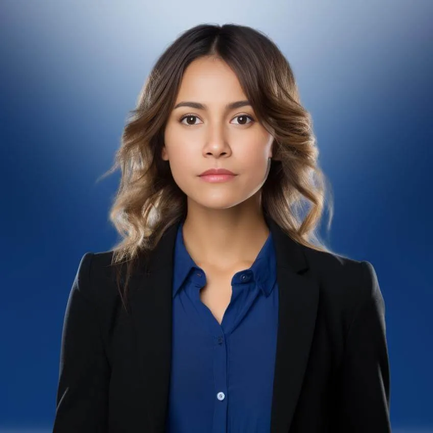 Professional headshot of woman in business attire against blue background, generated by SnapShift AI photo booth technology