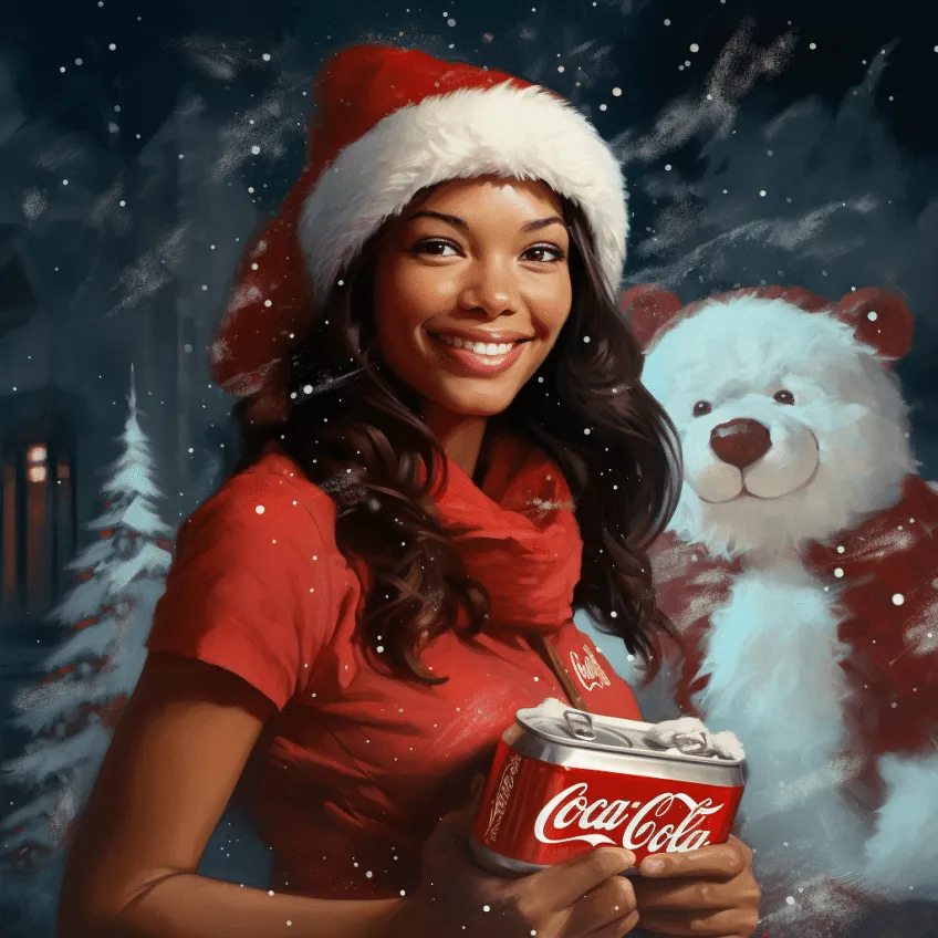 Woman wearing red Santa hat and red jacket holding Coca-Cola bottle, smiling with white polar bear in snowy winter scene