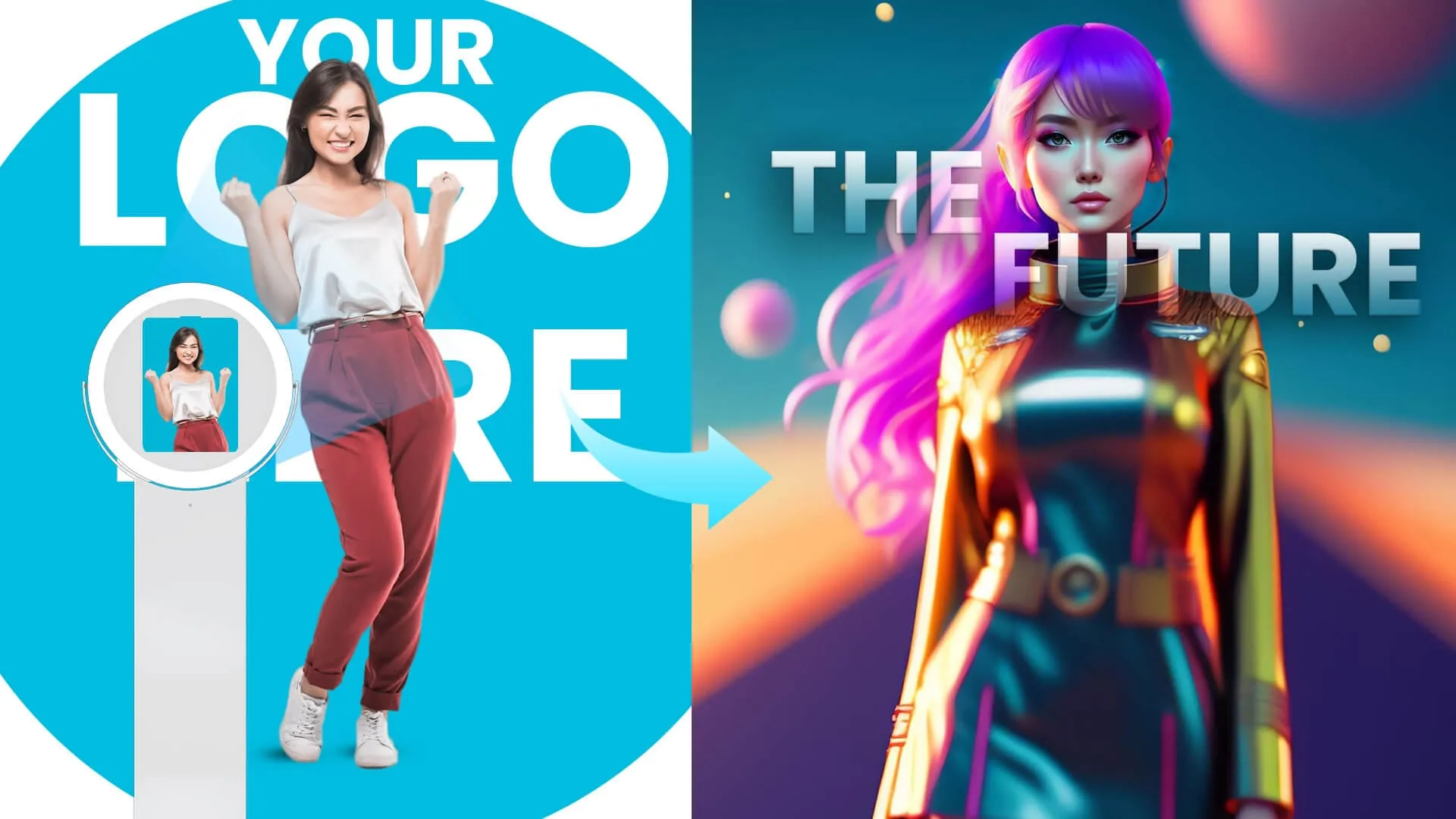 Split-screen comparison: left side shows a woman in casual clothing with 'YOUR LOGO HERE' text on bright blue background; right side displays AI-generated stylized portrait of woman with vibrant magenta hair and neon-lit jacket labeled 'THE FUTURE'