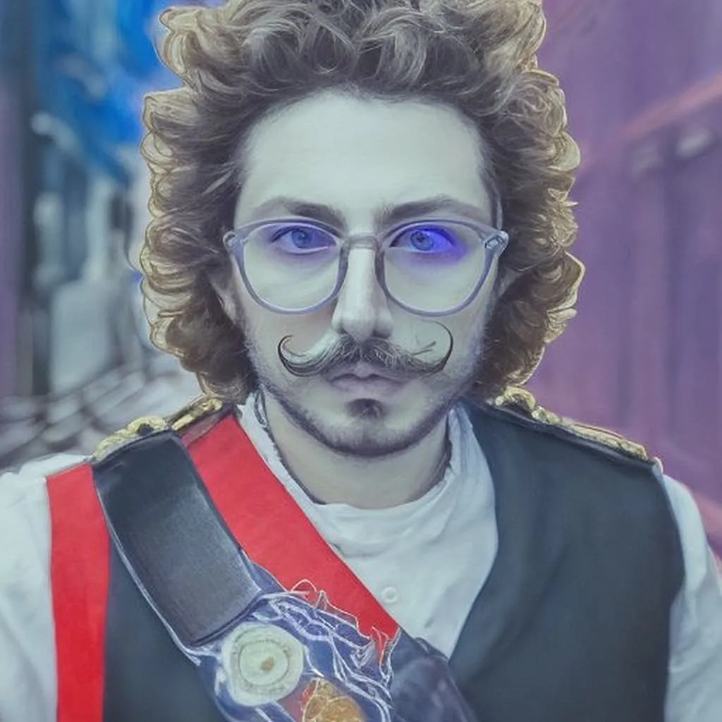 Textured Background AI Portrait AI-generated portrait of person with curly hair, glasses, and mustache wearing red and black vest, demonstrating SnapShift AI photo booth creative editing capabilities