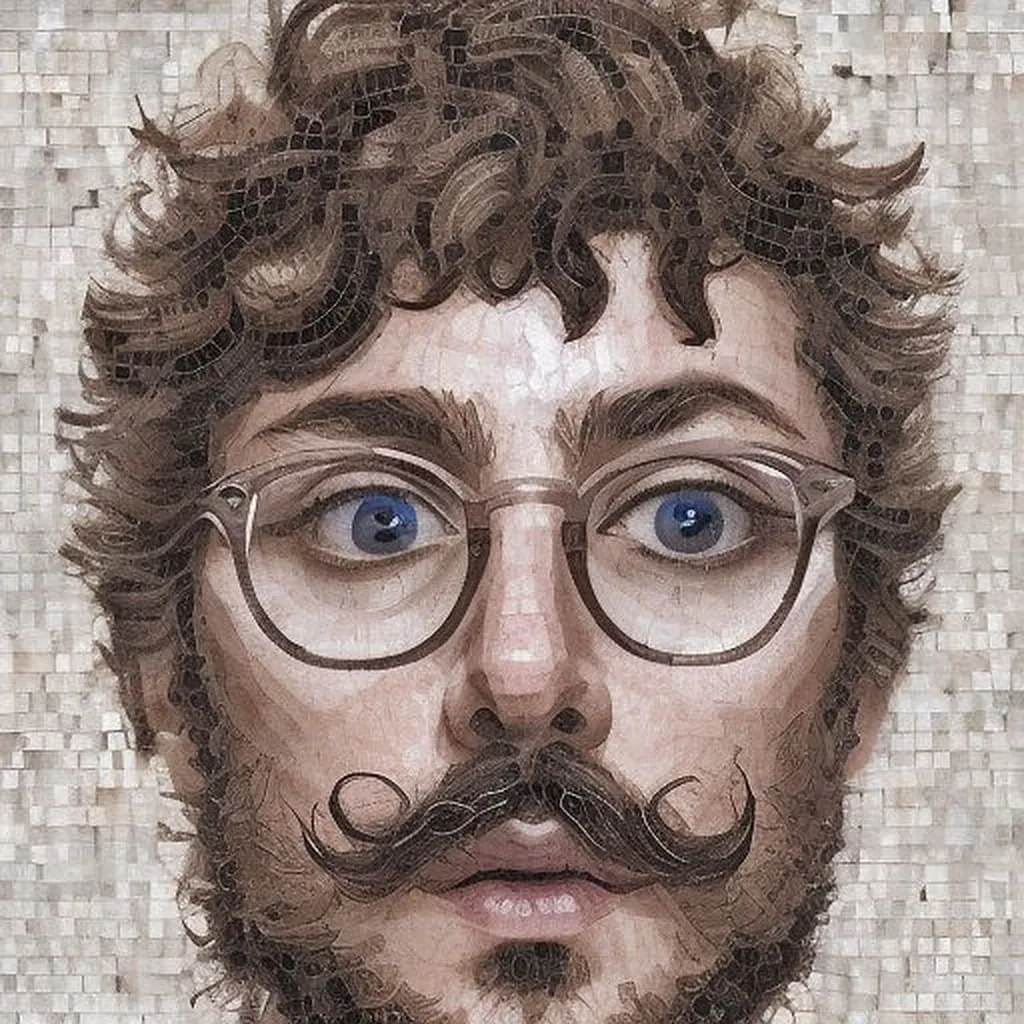 Professional AI Portrait Sample AI-generated portrait of man with curly brown hair, round glasses, and distinctive curled mustache, created by SnapShift AI photo booth