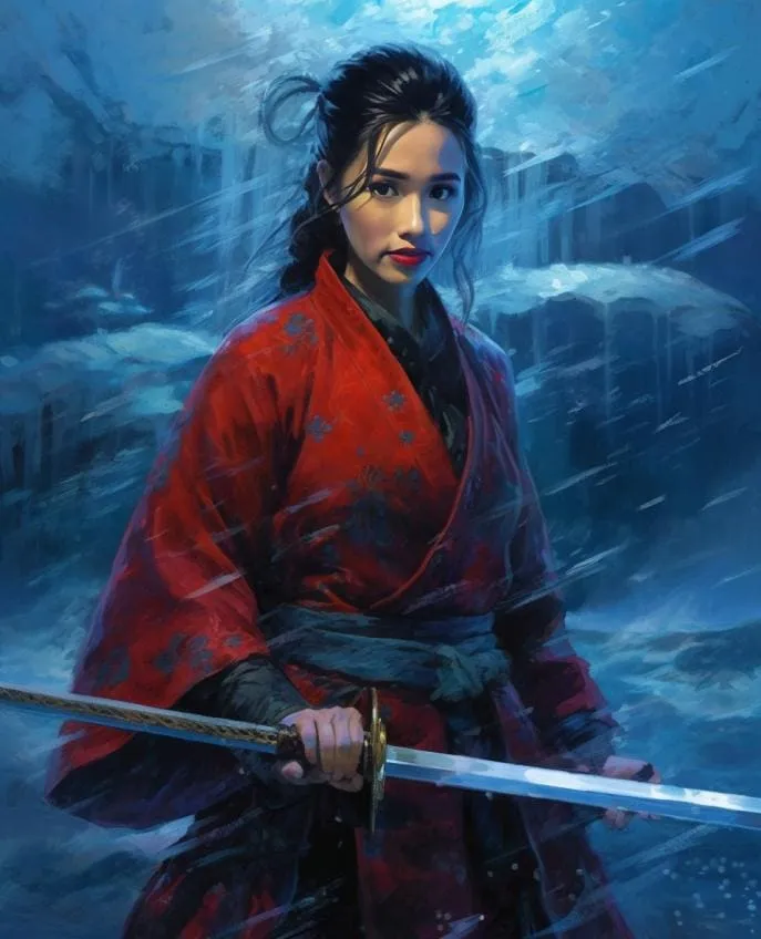 Digital portrait of woman in red traditional robe holding sword, AI-generated fantasy warrior scene with blue cityscape background