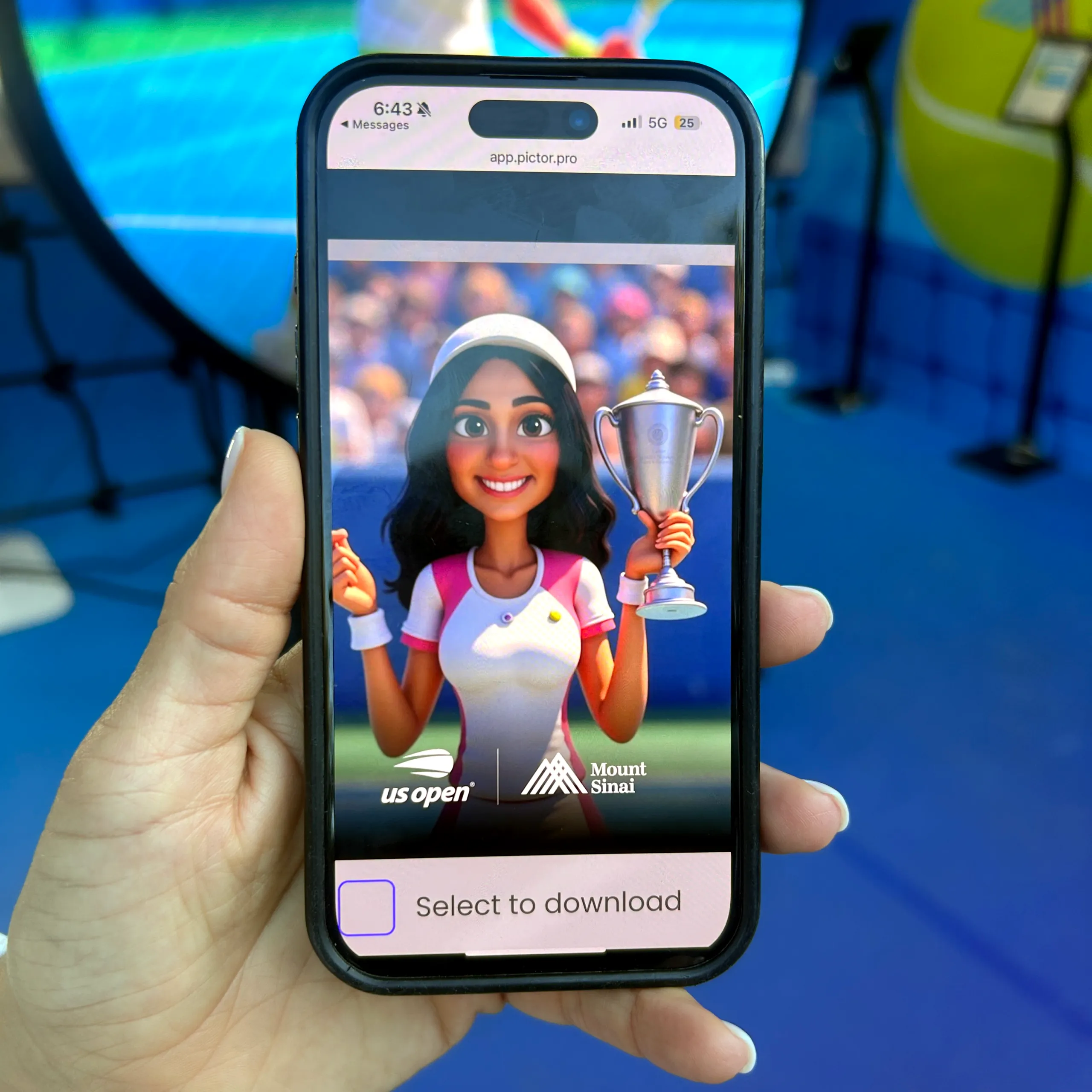 Hand holding smartphone displaying AI-generated portrait of smiling woman in tennis outfit holding trophy, with US Open and Mount Sinai logos visible, against bright blue event backdrop