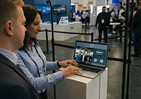Man in blue shirt demonstrates SnapShift AI photo booth interface on laptop at trade show, with event attendees visible in background