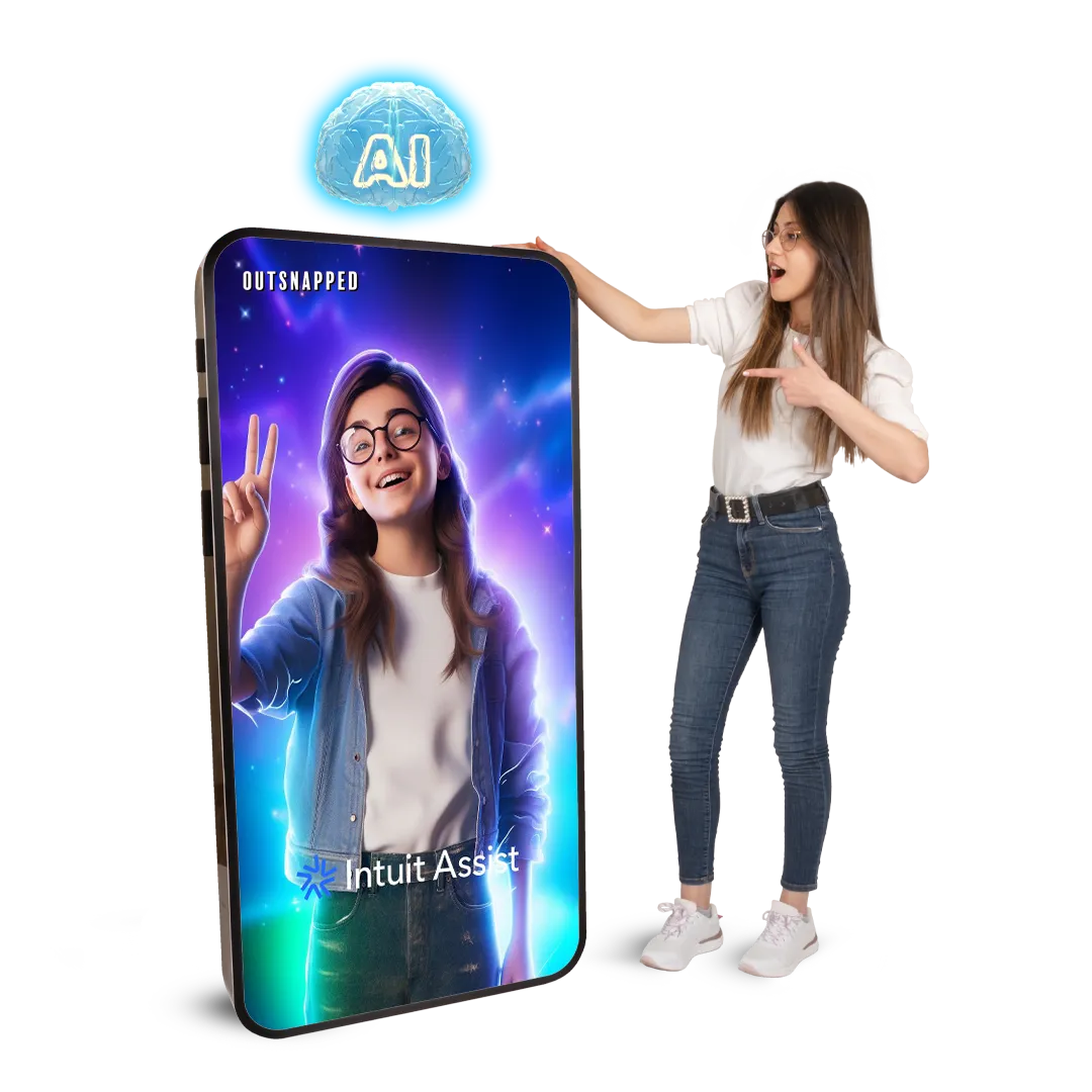 AI-powered phone display interaction Woman pointing at a smartphone displaying an AI-generated portrait with glowing purple and blue effects and 'Intuit Assistant' text, with an AI icon glowing above the phone