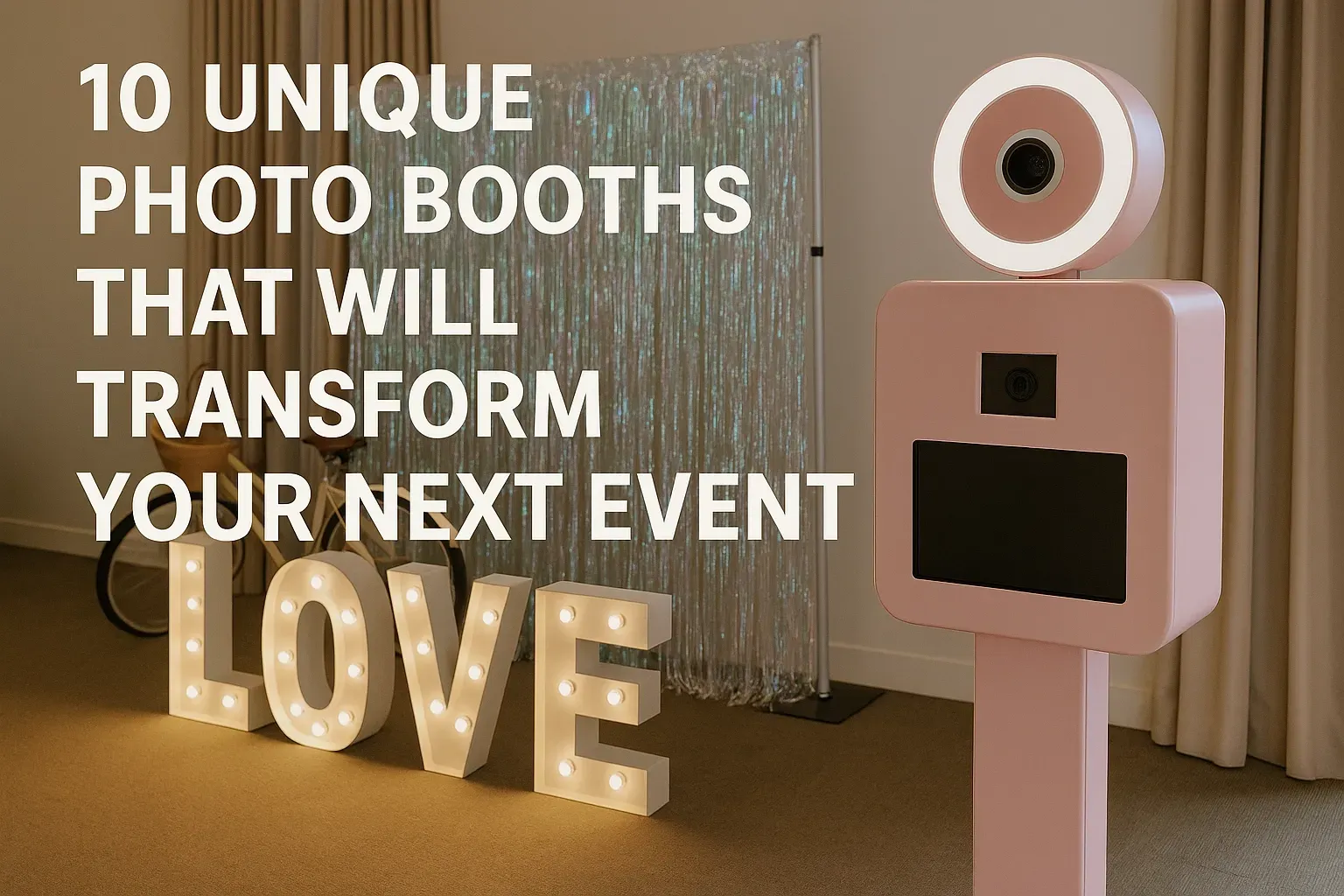 Pink AI photo booth with circular camera and illuminated LOVE letters next to textured backdrop panel in event space