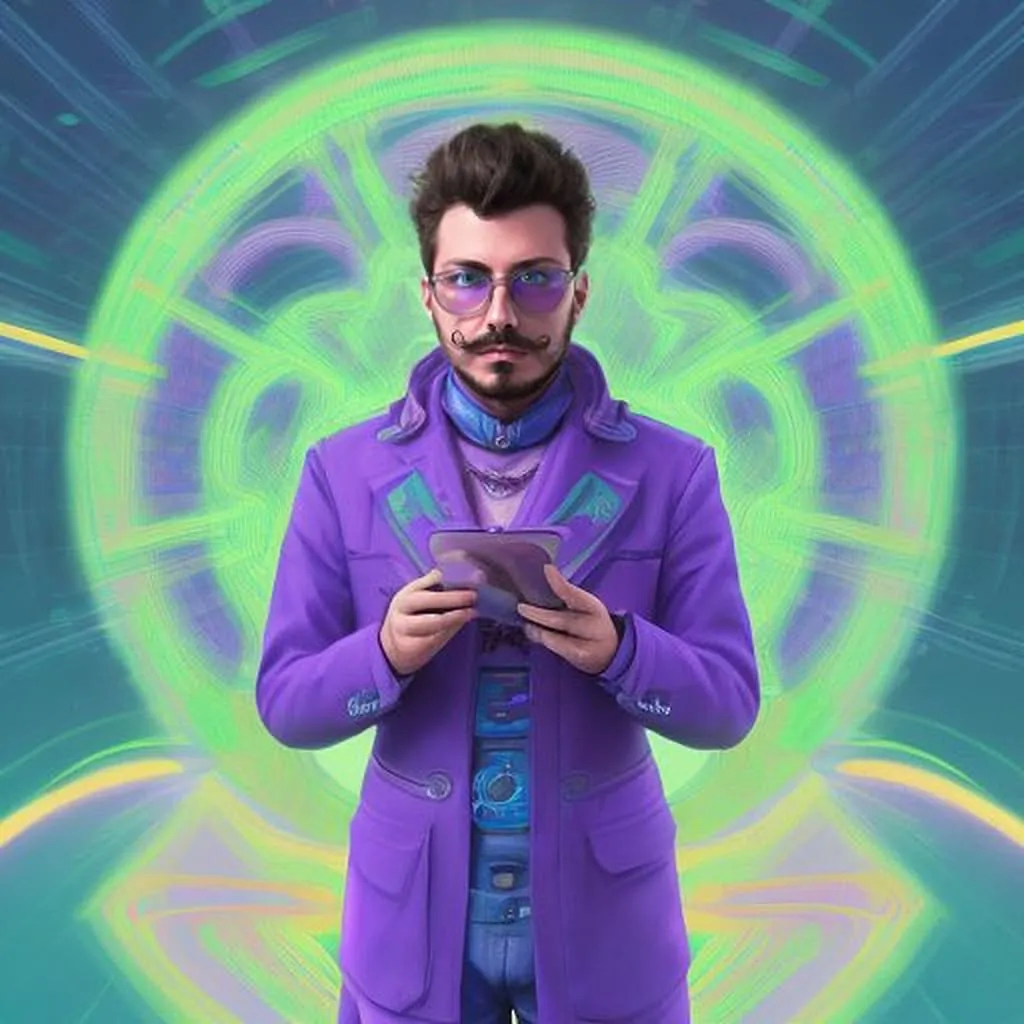 Neon Cyberpunk Portrait Man in purple blazer holding tablet, wearing tinted glasses against neon green and purple geometric light backdrop