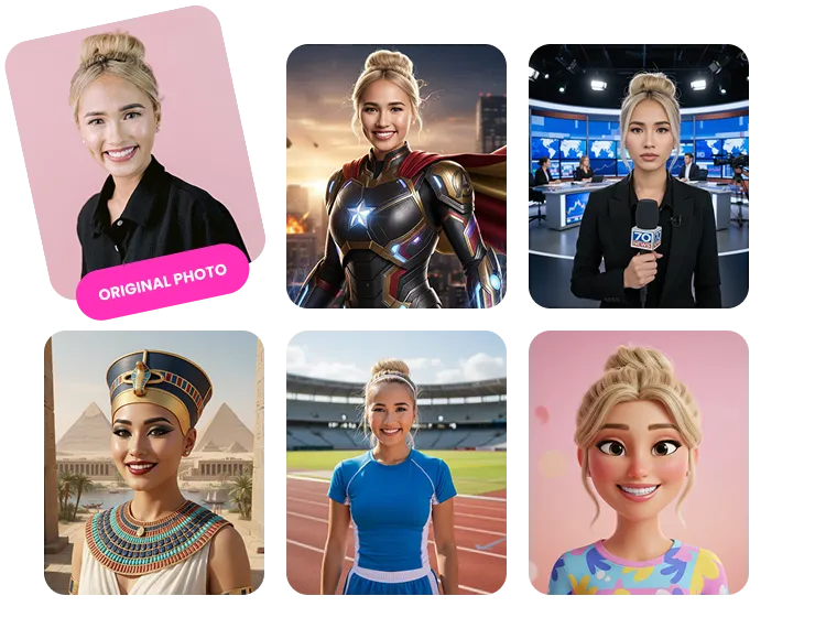 Six AI-generated portrait variations of the same woman, including original photo, superhero, news anchor, Egyptian queen, athlete, and animated character styles