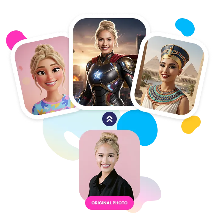 AI Headshot Transformation Showcase SnapShift AI photo booth transformations showing same woman in four AI-generated personas: colorful casual style, superhero armor, Egyptian pharaoh, and original photo