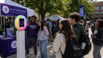 Students gathered around a purple-branded SnapShift AI photo booth at an outdoor university event, with campus buildings visible in background
