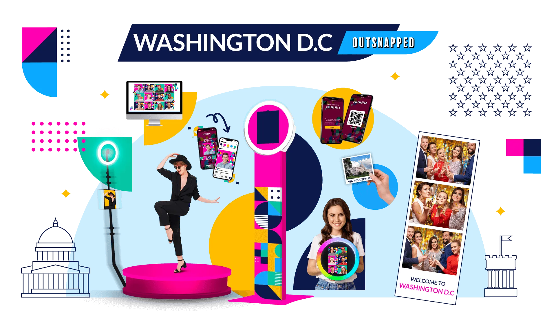 SnapShift AI photo booth in magenta and navy with colorful blocks, surrounded by guests holding prints at a Washington D.C. event, Capitol building silhouettes in background