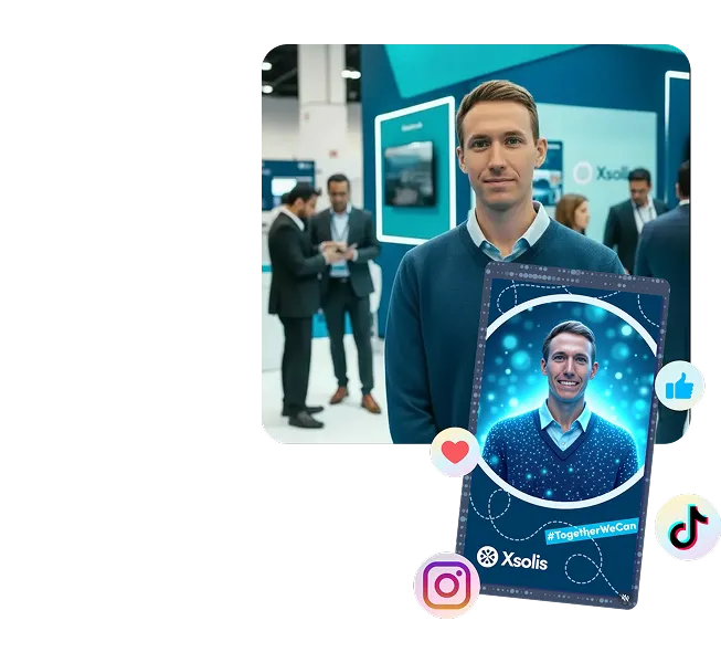 B2B Trade Show Trading Card Activation Man at trade show holding AI-generated trading card featuring his portrait with social media icons and Xsolis branding, demonstrating SnapShift AI photo booth lead capture.
