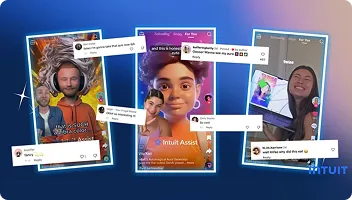 Social Media Content Generation Examples Three styled portrait cards with social media engagement overlays and comment elements