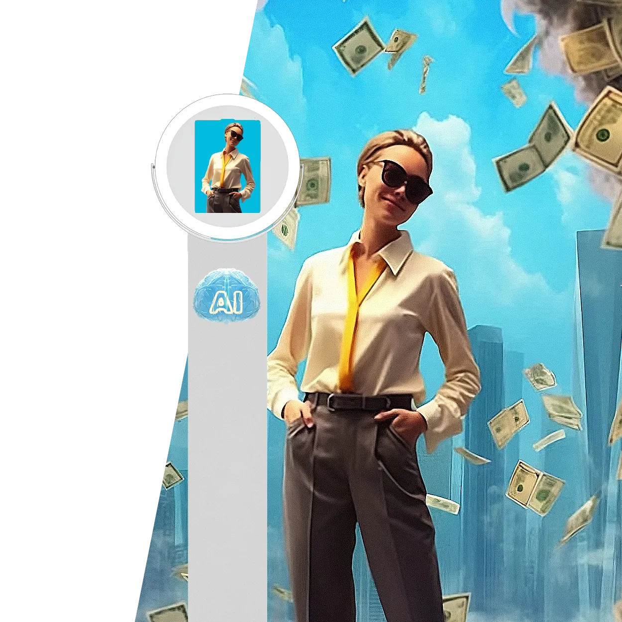 Professional woman in AI photo booth with falling money backdrop