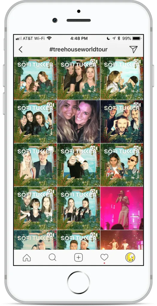 Social Media Engagement from Photo Booth Experience Instagram feed mockup showing #treehouseworldtour hashtag with grid of Sofi Tukker tour photos from OutSnapped photo booth, displayed on iPhone screen