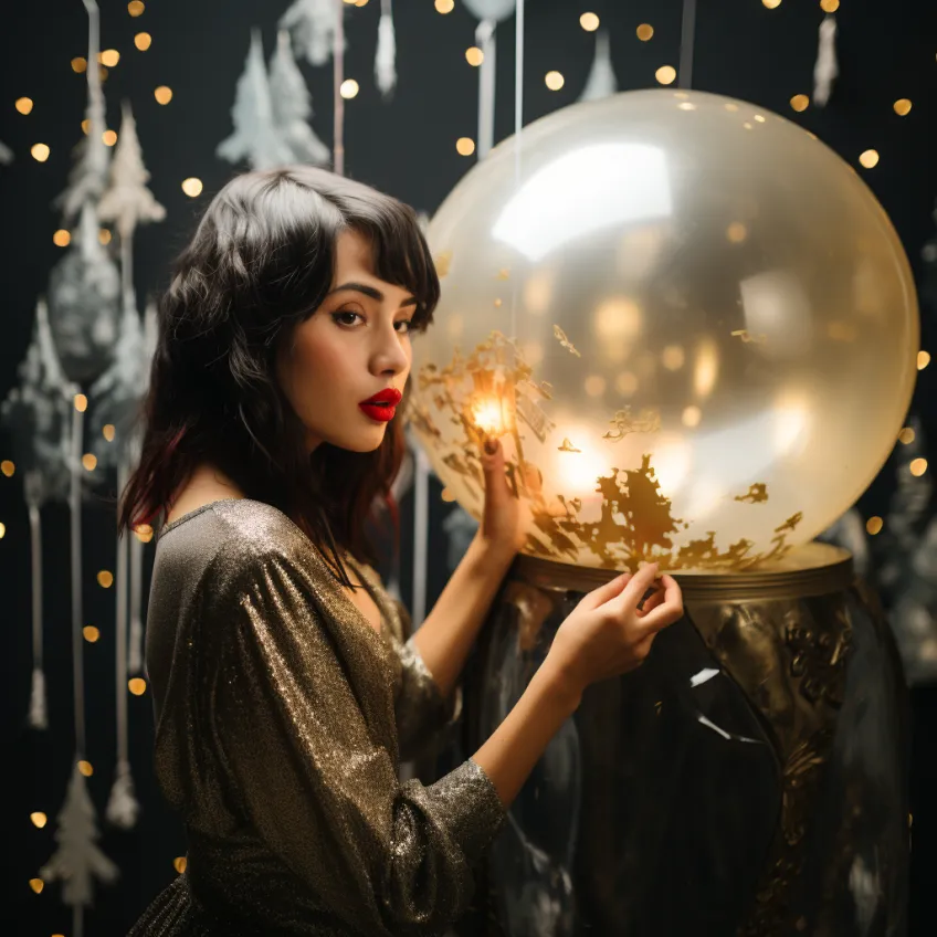 Woman in sparkly dress holding luminescent snow globe, with hanging icicles backdrop