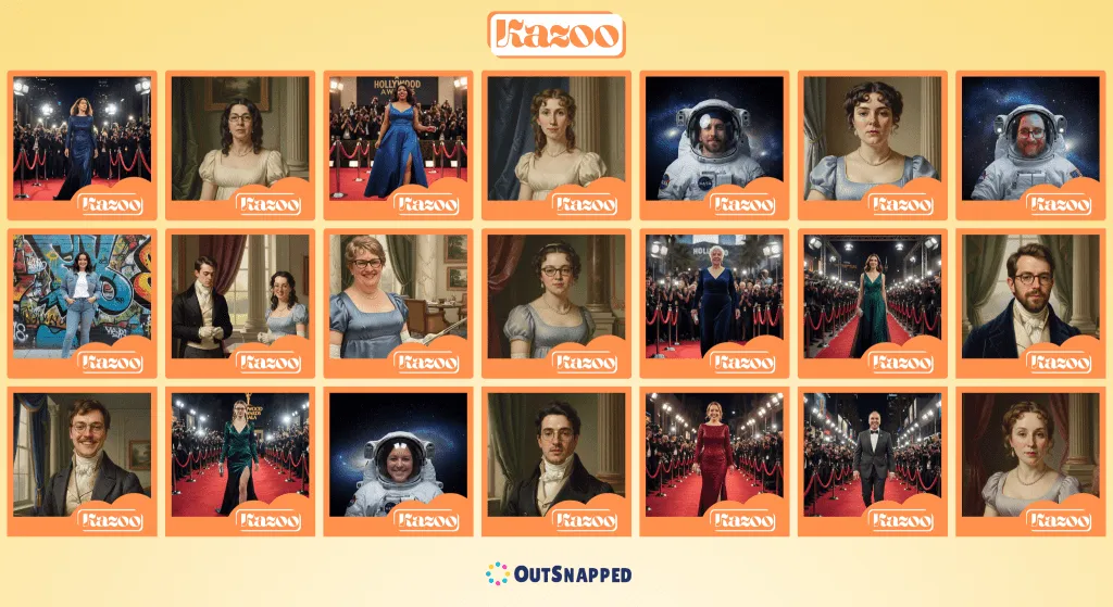 Grid of 21 framed portrait photos from The Startup Musical event, featuring cast members in period costumes, branded with Kazoo app logo and OutSnapped watermark