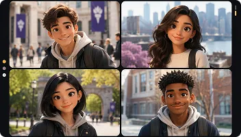 Illustrated stylized portraits of four diverse students in college campus settings