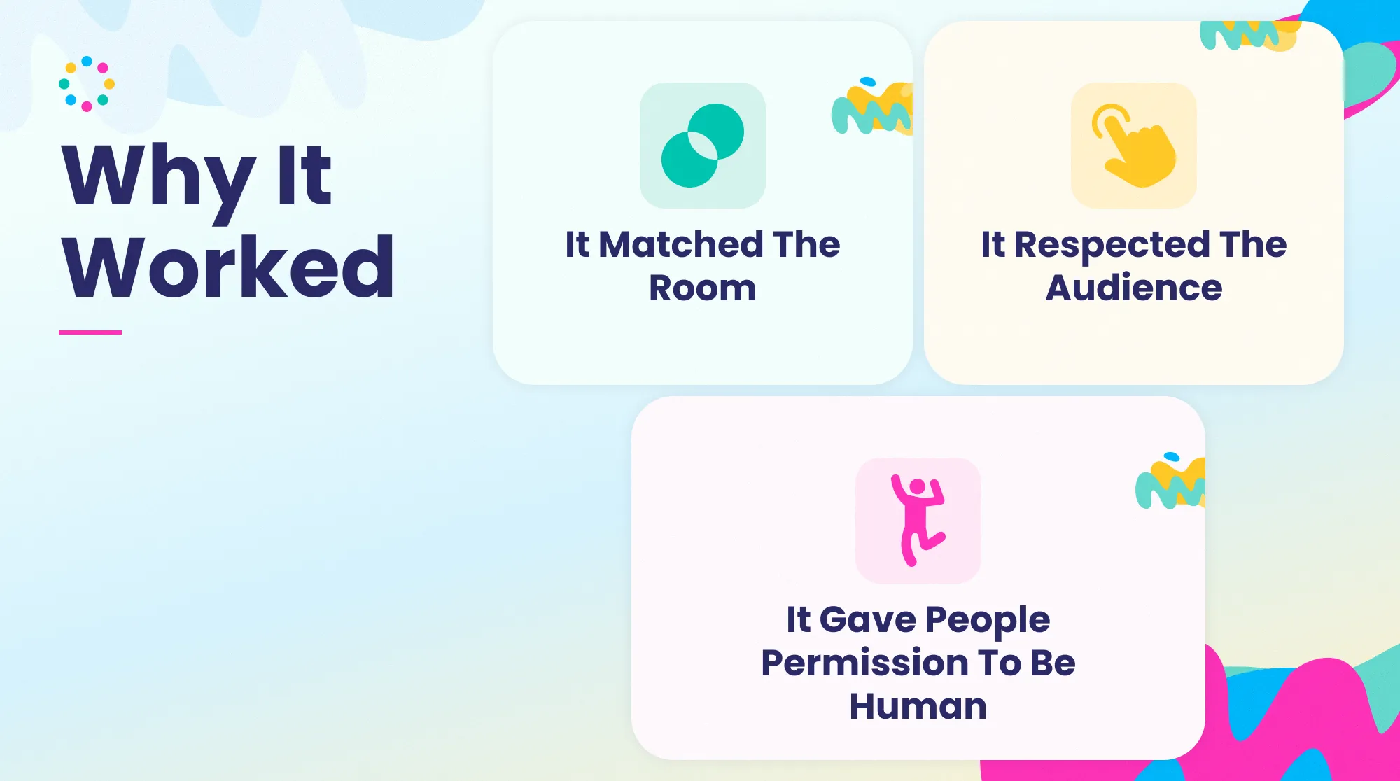 Why Sullivan & Cromwell's 360 Video Booth Worked Infographic explaining why Sullivan & Cromwell's 360 video booth worked by matching the event, encouraging genuine interaction, and respecting guest privacy