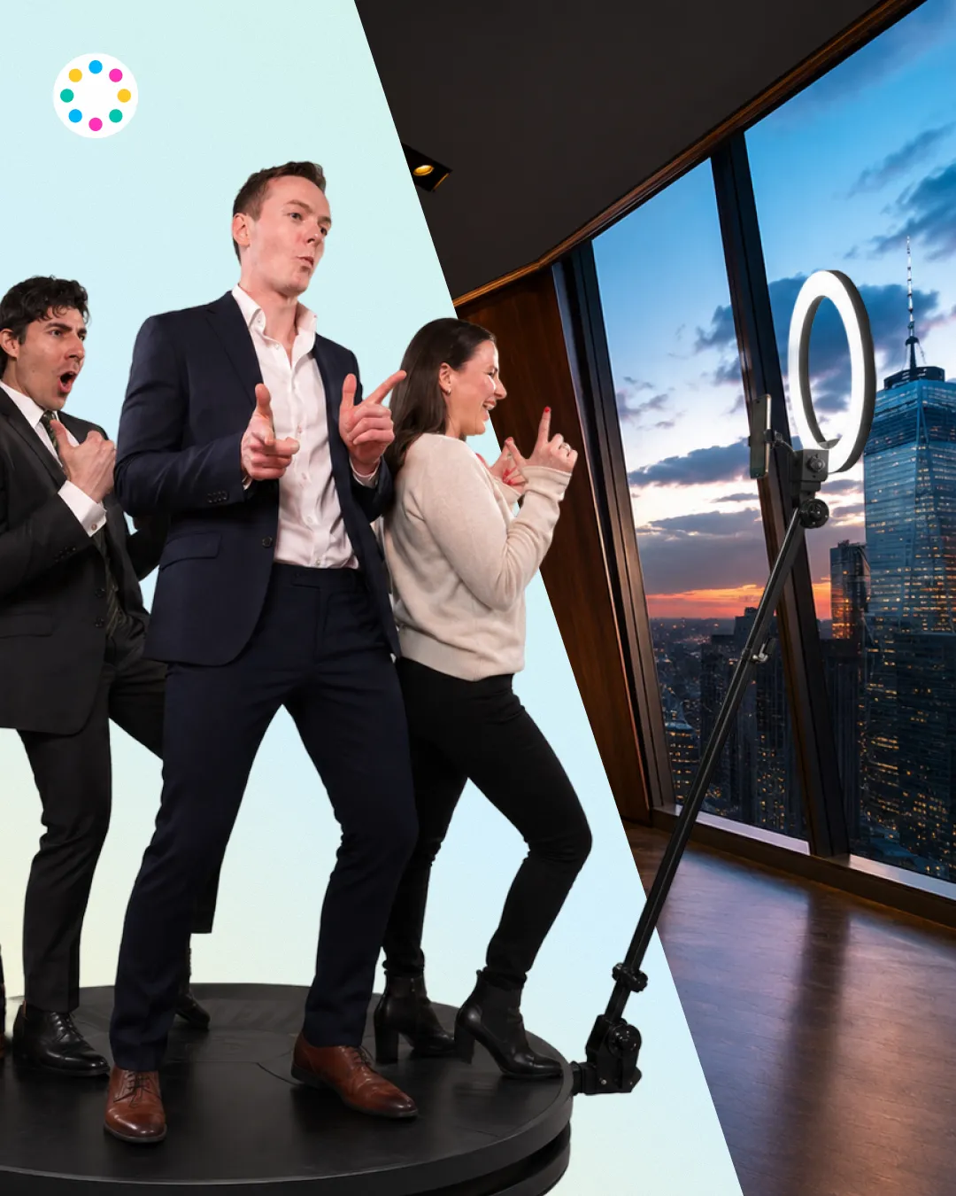 Sullivan & Cromwell 360 Video Booth Corporate Event | OutSnapped Guests using a 360 video booth at a Sullivan & Cromwell corporate event in New York with a branded video output