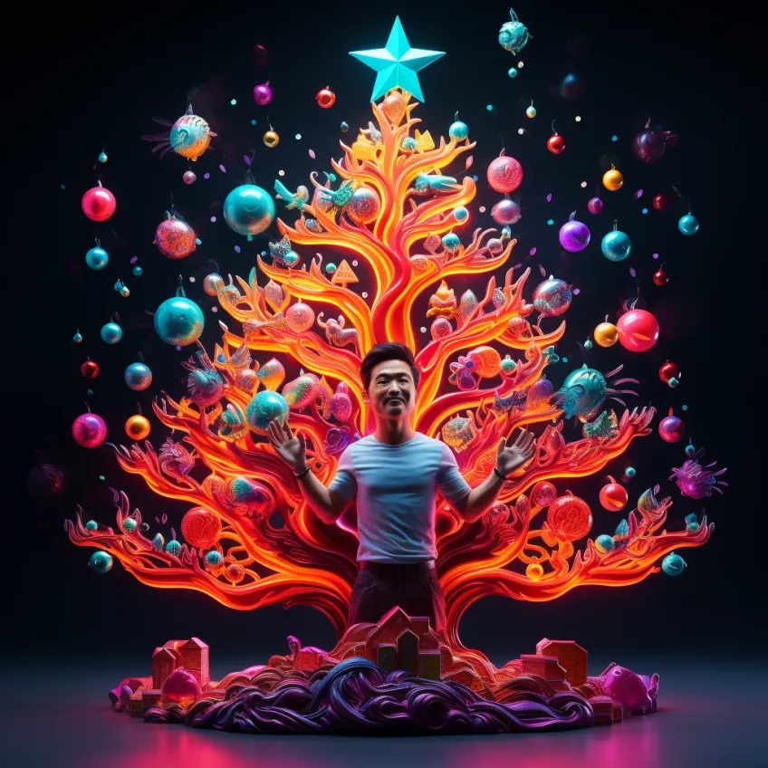 Man standing before surreal neon Christmas tree with orange-red flames and suspended colorful ornaments