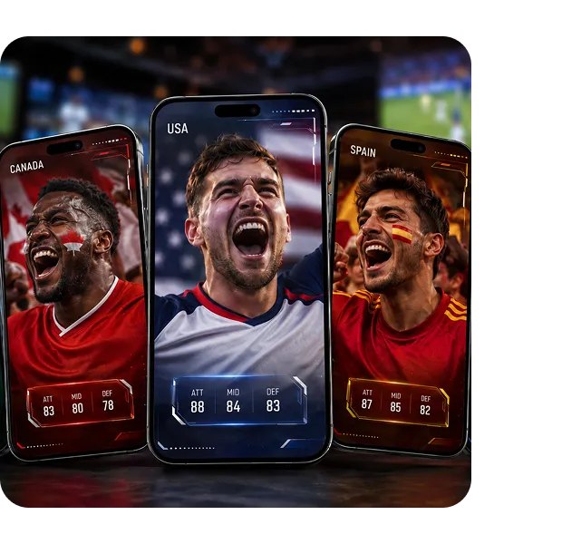 Branded Interactive Content Templates Three mobile phones displaying sports-themed portrait cards with flag overlays and stats graphics