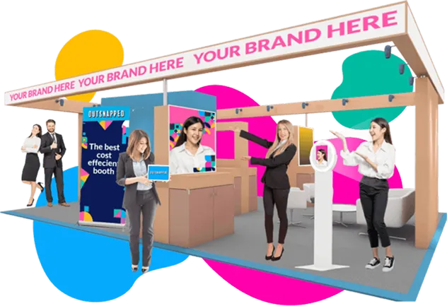 Customizable Branded Booth Design Concept Brand activation booth at trade show featuring open-air photo booth with customizable branding panels, pink and blue graphics, and staff assisting attendees
