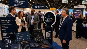 Trade Show Booth Networking Environment Professional attendees examining an AI photo booth display at a trade show, with booth operator demonstrating features to interested visitors