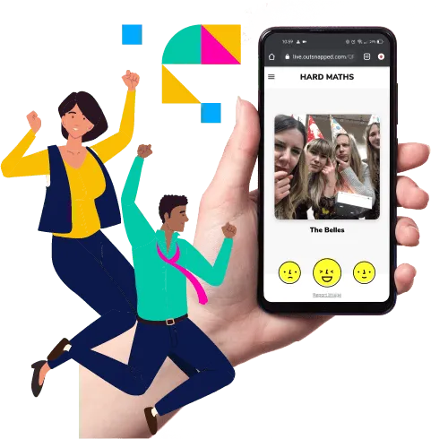 Photo Booth Digital Engagement and Sharing Two illustrated people celebrating with arms raised beside a smartphone displaying a photo booth app interface with guest photos and emoji rating buttons