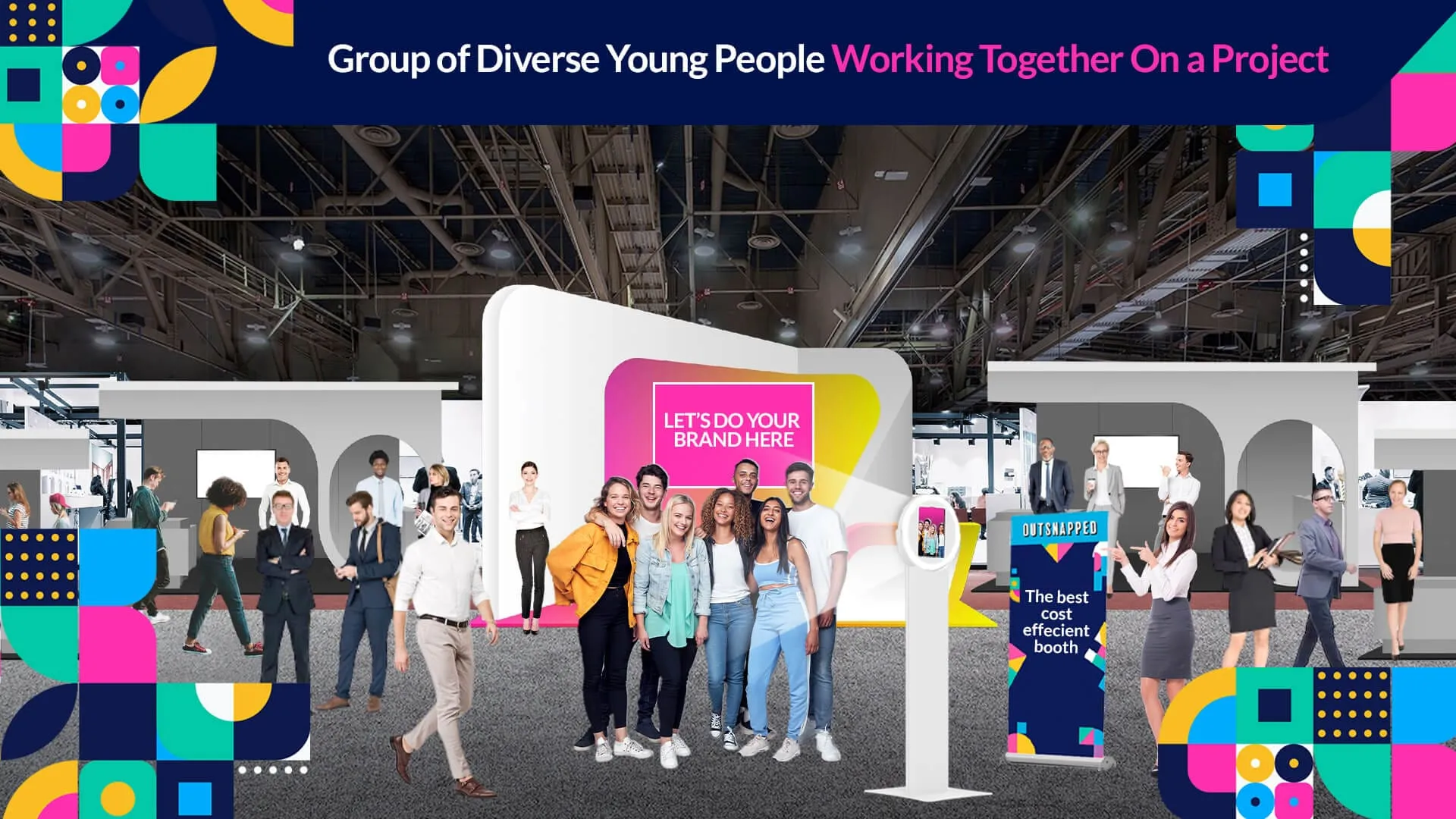 Professional Team at Trade Show Event Booth Diverse team of professionals at colorful trade show booth