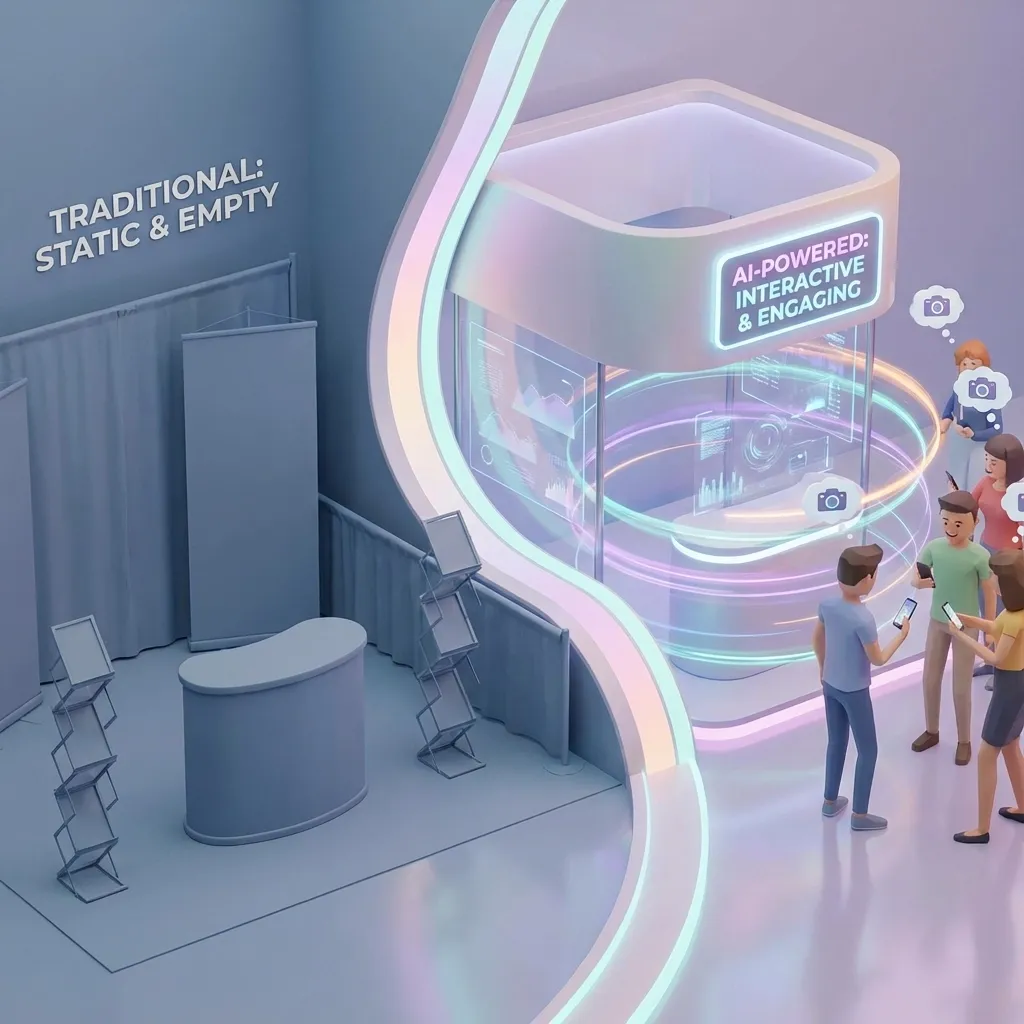 Split-screen comparison of traditional static photo booth versus modern AI-powered interactive booth