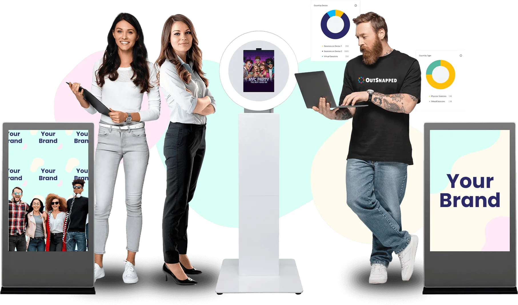 Three people demonstrating branded photo booth templates and corporate event materials