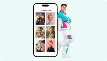 Student posing beside smartphone displaying grid of photo booth portraits from university event