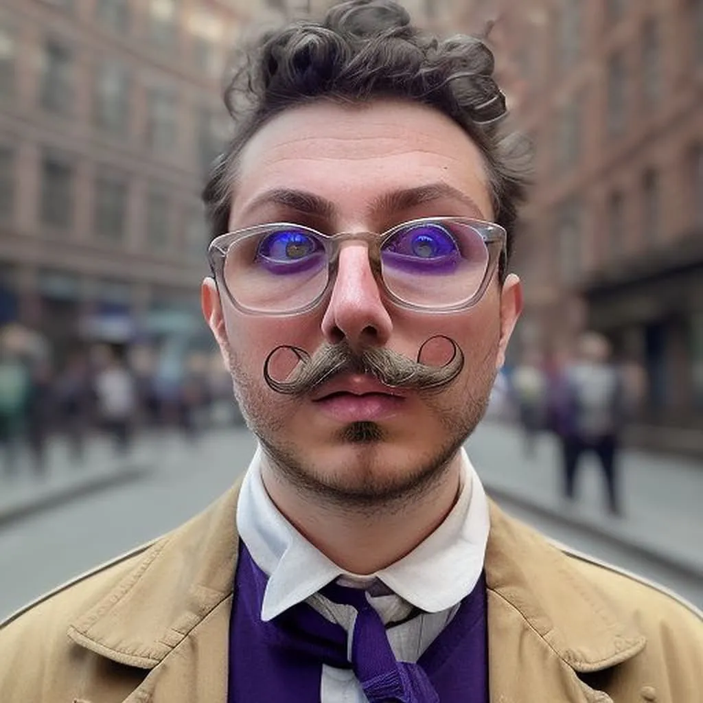 Urban Street Violet Glasses Portrait Man with curled mustache and glowing violet-tinted glasses against blurred urban street backdrop