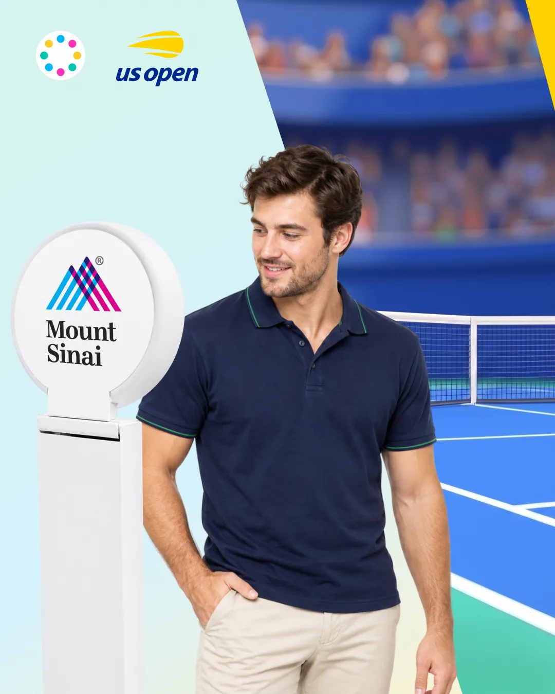 Mount Sinai AI avatar experience at the US Open featuring personalized tennis avatars on a large circular LED display