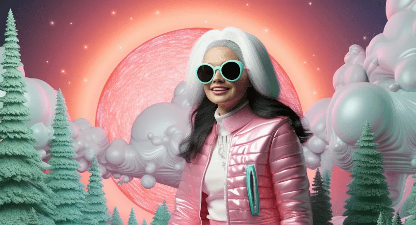 Woman in pink jacket and round sunglasses with retro vaporwave holiday background