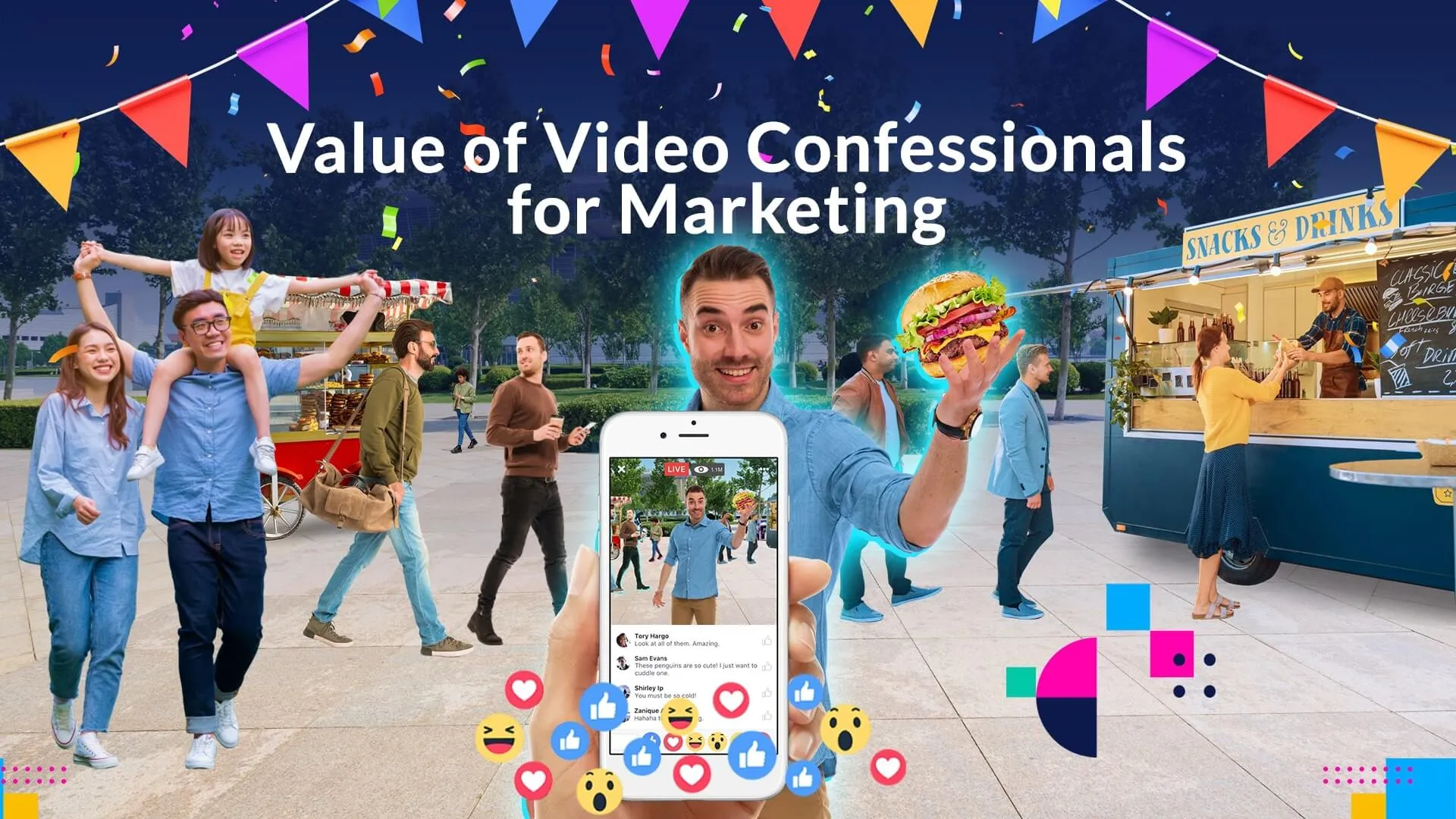 Diverse group of people at outdoor event engaging with phone displaying video content, with social media icons and colorful confetti graphics