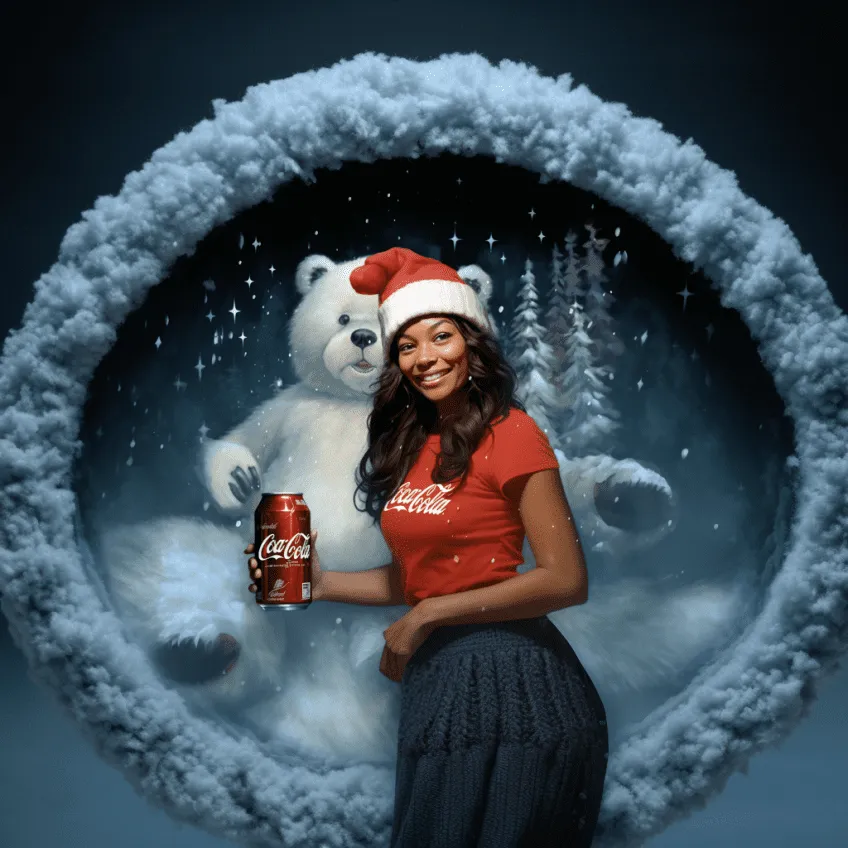 Woman in red vintage Coca-Cola dress holding bottle with animated polar bear in snowy winter setting