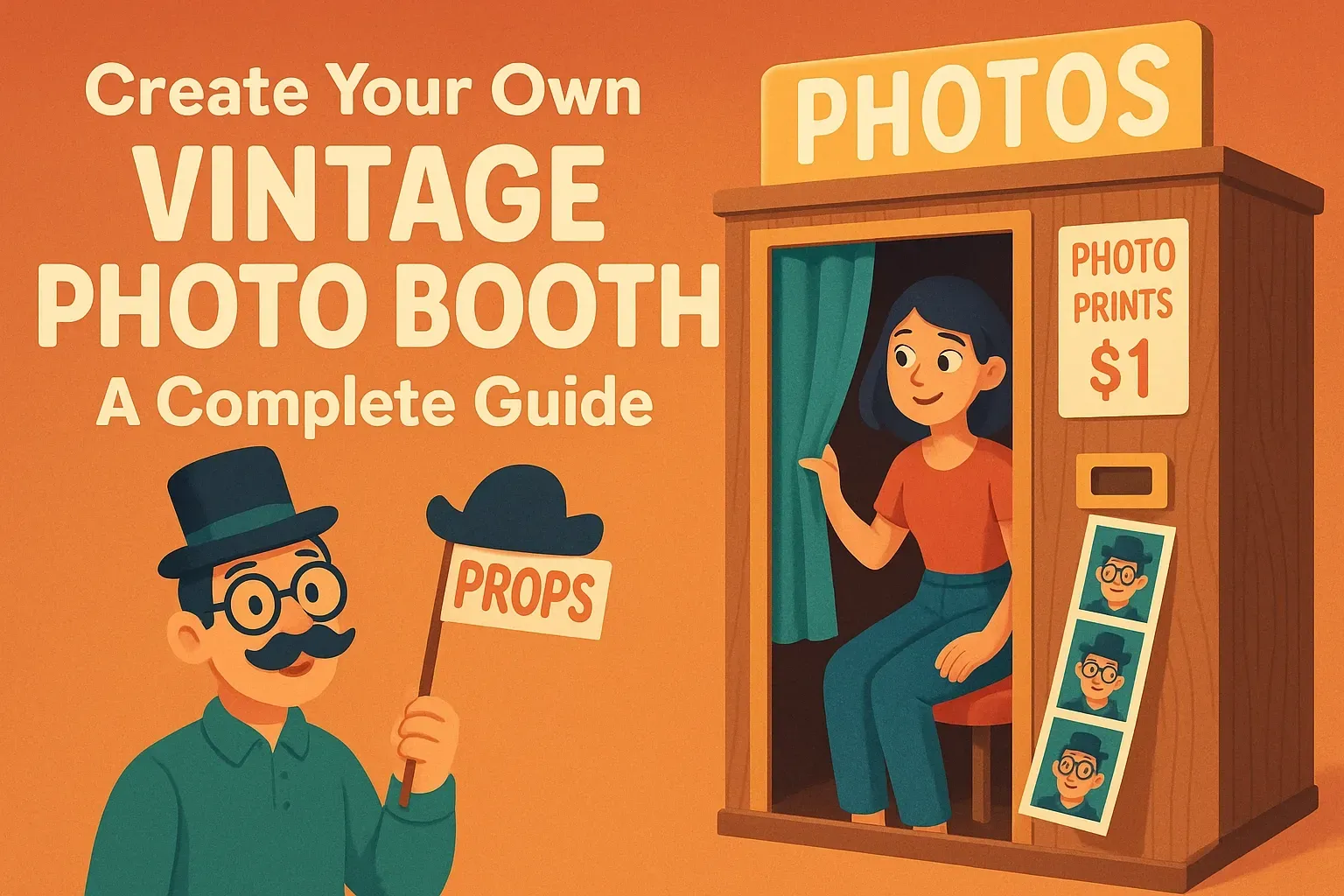 DIY Vintage Photo Booth Guide with Props and Setup Illustrated vintage photo booth with wooden frame, neon PHOTOS sign, and woman inside. Man in hat and glasses holds PROPS sign. Orange background with guide title.
