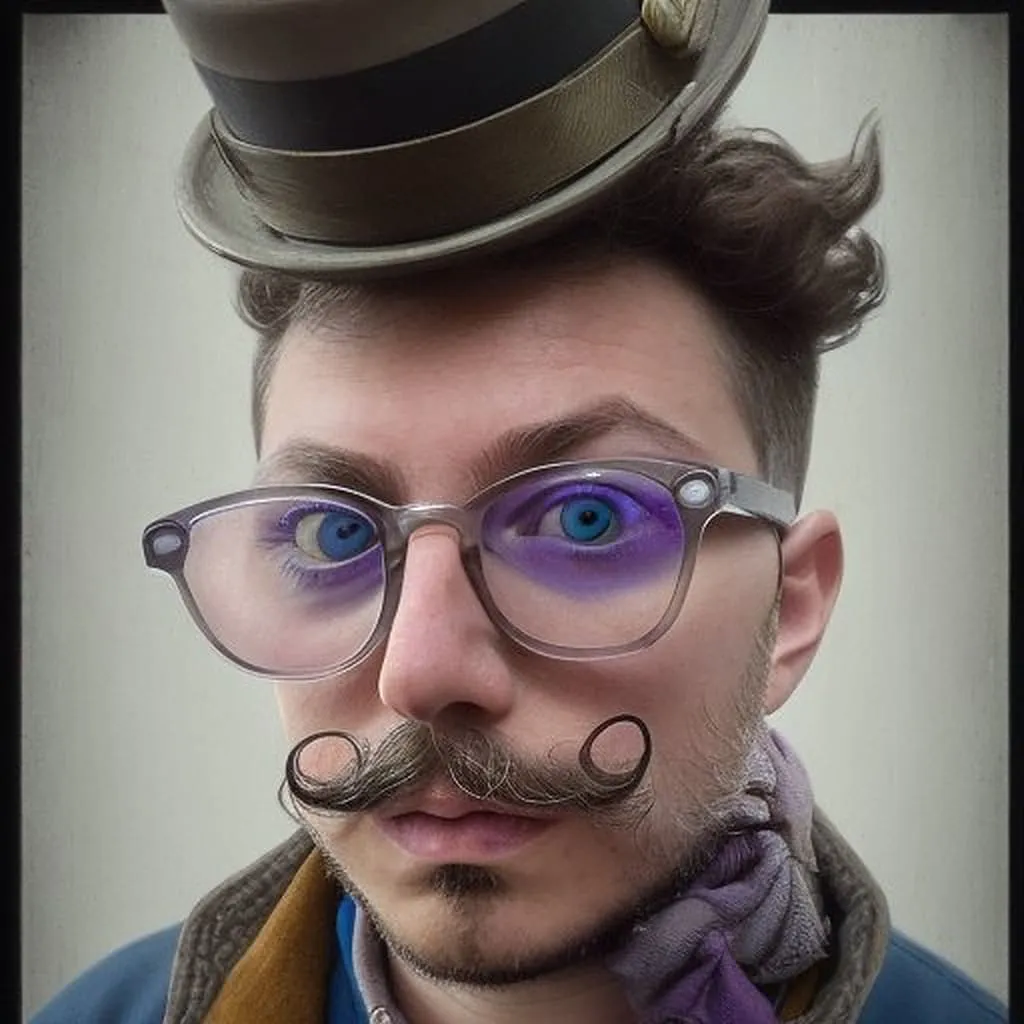 Vintage Top Hat Retro Portrait Man wearing vintage black top hat with purple-tinted glasses, curled mustache, and purple scarf