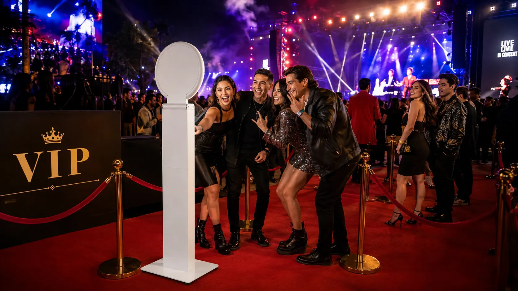VIP Red Carpet Photo Booth Experience Guests posing at a white OutSnapped photo booth on a red carpet with VIP signage and stage lights behind them