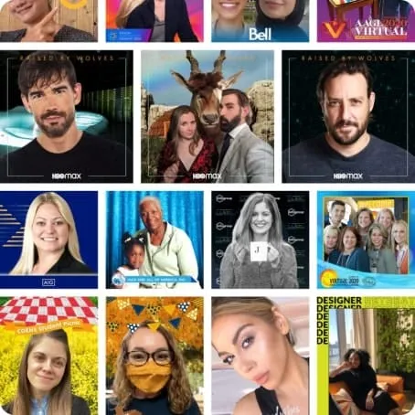 Virtual Photo Booth Sample Gallery Grid of diverse photo booth samples showing various poses and digital backgrounds