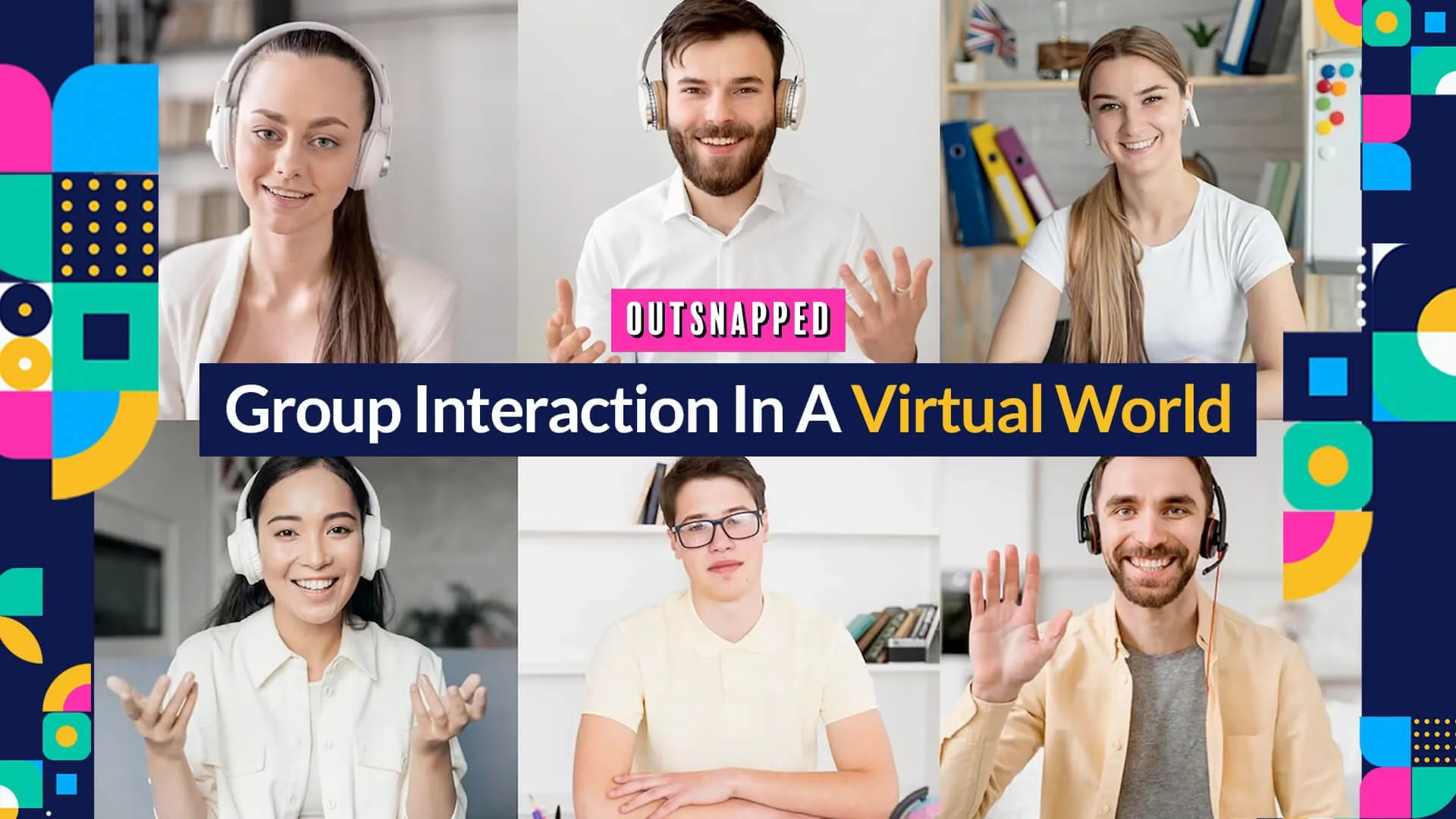 Virtual Event Group Interaction Six people wearing headsets in home offices participating in virtual event