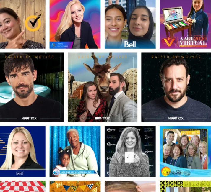 Grid of 12 diverse portraits and event photos showing people using virtual photo booth technology, including professional headshots, candid event moments, and group photos with colorful digital backgrounds