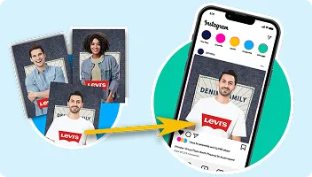 Social sharing features from OutSnapped photo booth Virtual photo booth interface on smartphone displaying guest photos with Levi's branding, connected to printed photo strips and physical booth setup