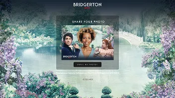Mobile Photo Booth Share Screen — Brand-Themed Experience Virtual photo booth interface showing shared photo display with two people and floral garden background, accessible via mobile QR code