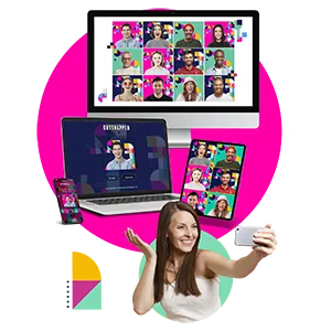 Virtual Photo Booth Multi-Device Experience Woman gesturing toward virtual photo booth interface displayed across desktop monitor, laptop, and mobile device screens with colorful grid of event photos