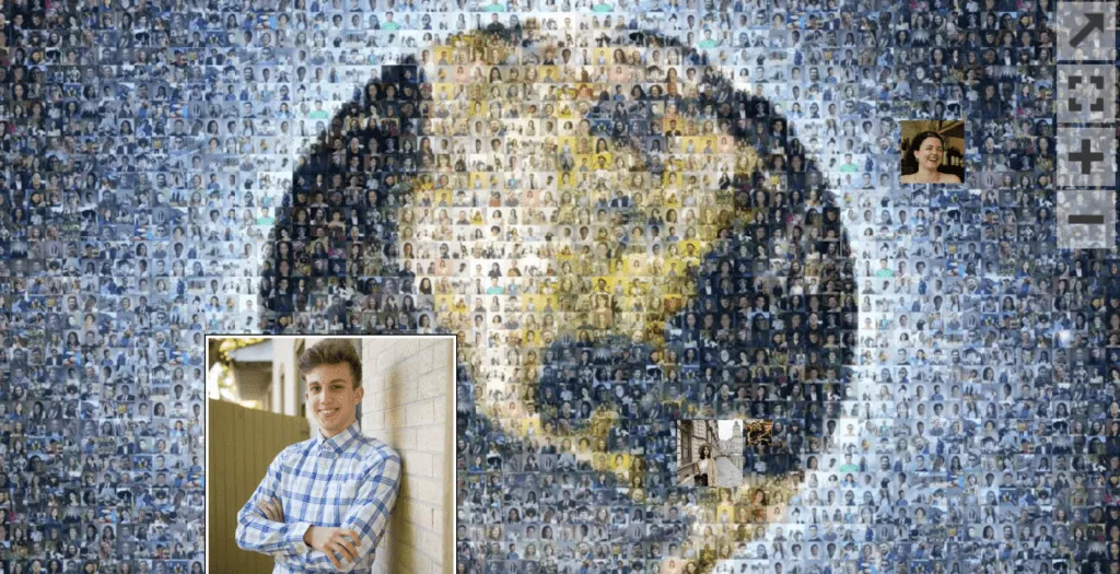Virtual Photo Mosaic Composite Example Virtual photo mosaic portrait composed of hundreds of small thumbnail photos forming a large face image, with individual guest photo inset in lower left corner